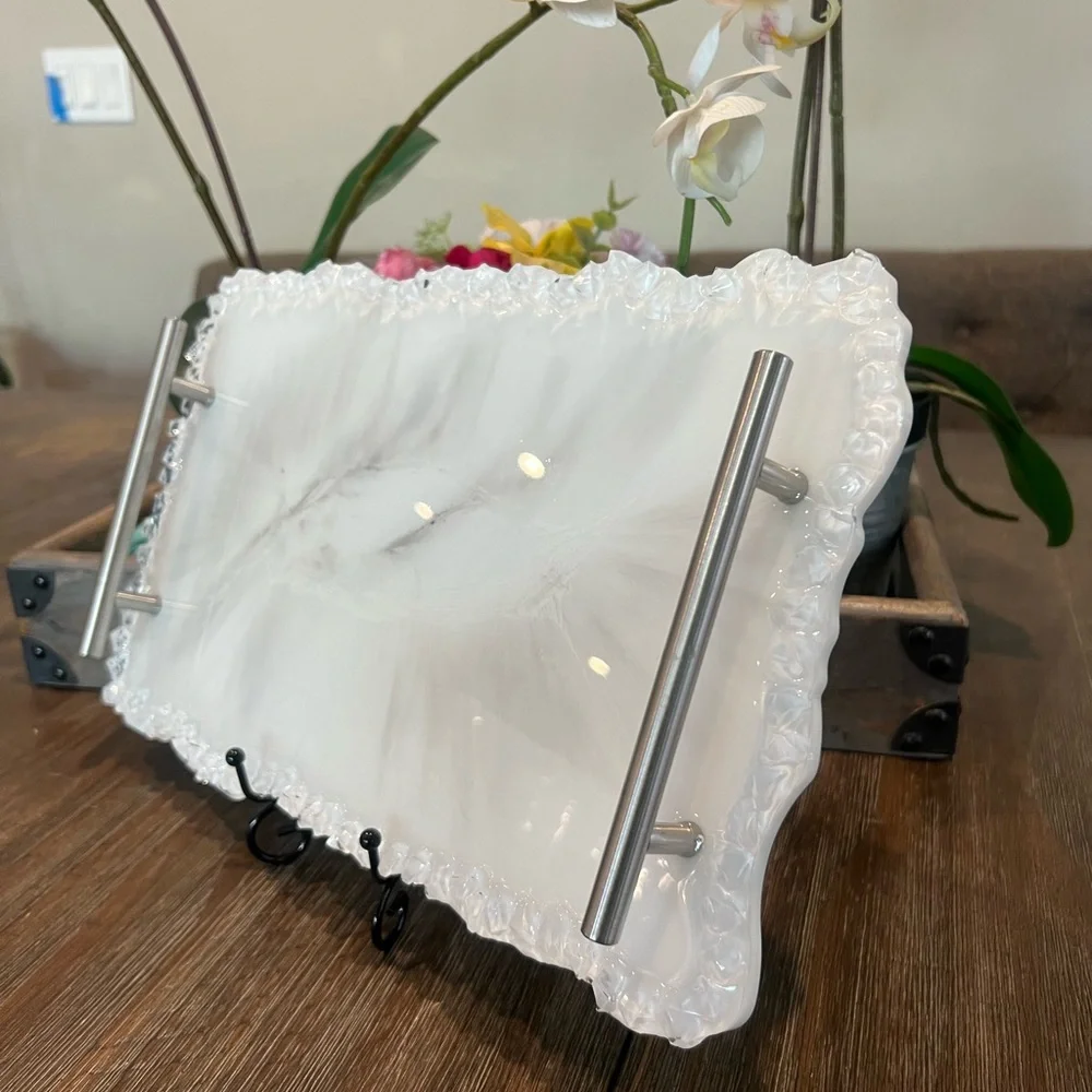 Elegant White Resin Serving Tray with Handles